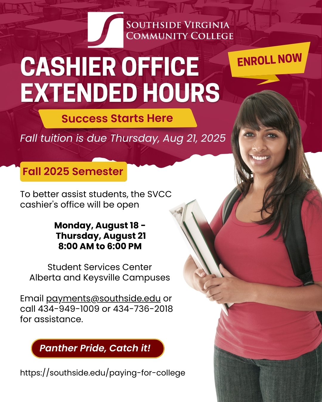 Flyer for extended cashier hours, Monday, August 18 -  Thursday, August 21 8:00 AM to 6:00 PM 