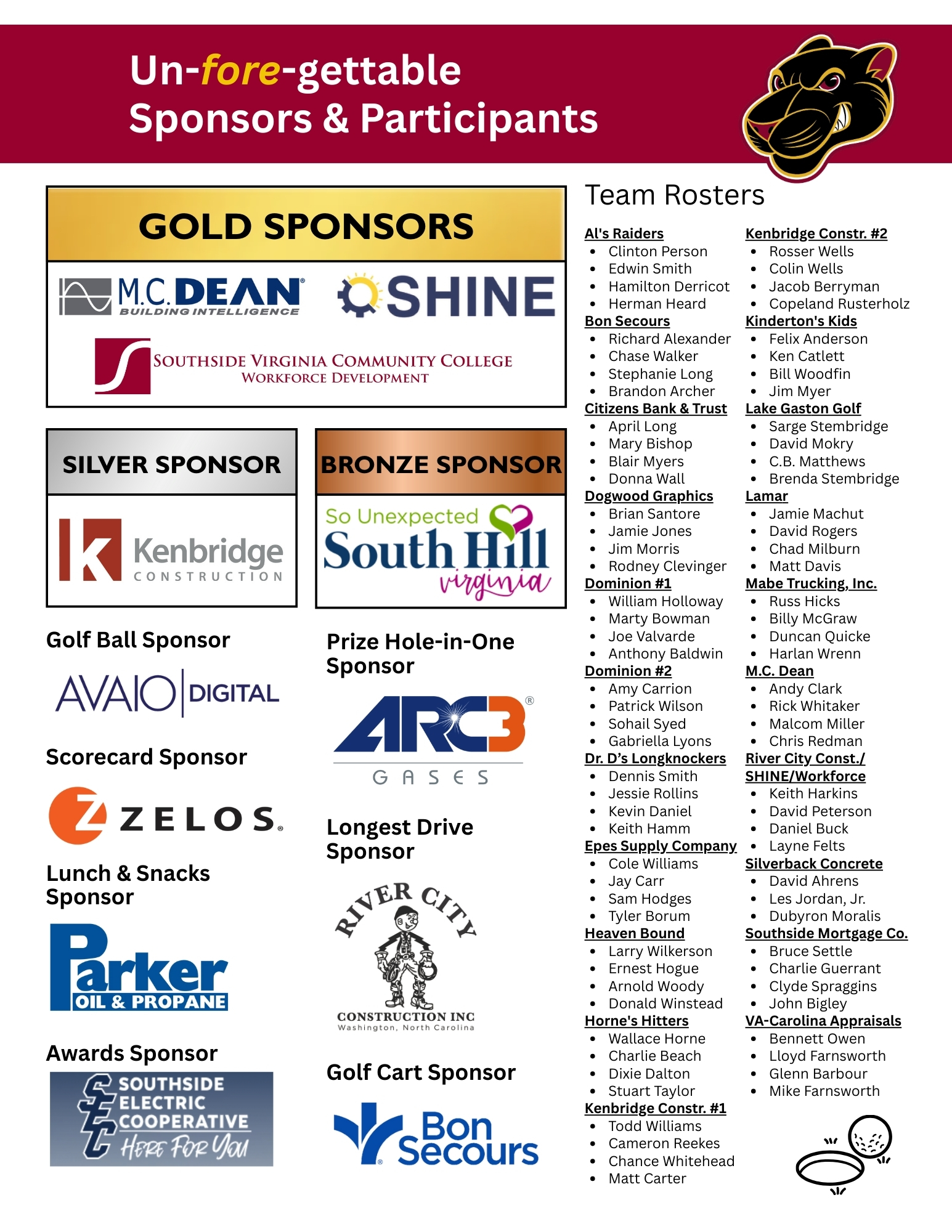 Listing of the sponsors and teams