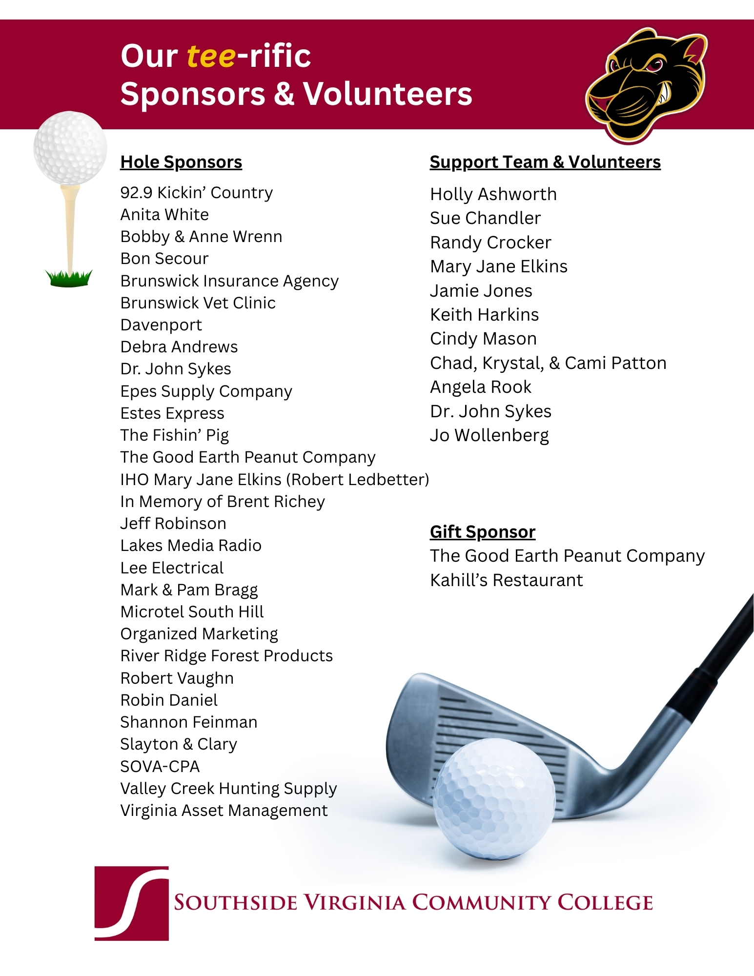 list of hole sponsors and support team and volunteers