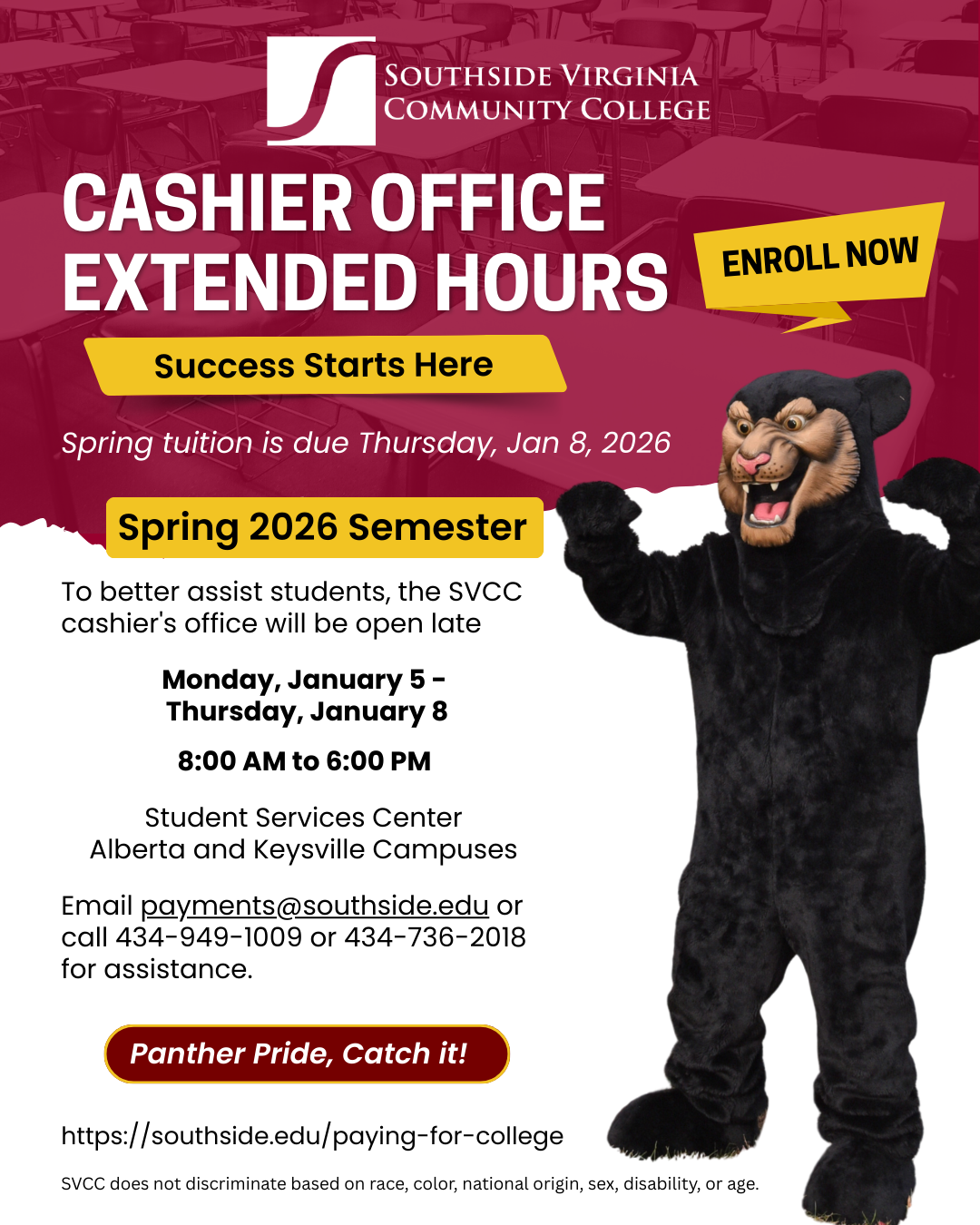 flyer announcing extended hours for SVCC Cashier's office 8am to 6pm  Monday Jan 5 through Thursday Jan 8