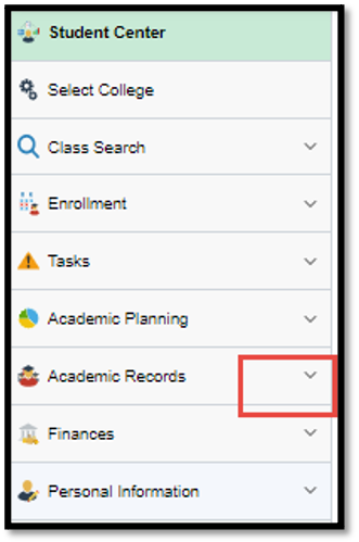 Screenshot of Student Center sidebar Academic Records
