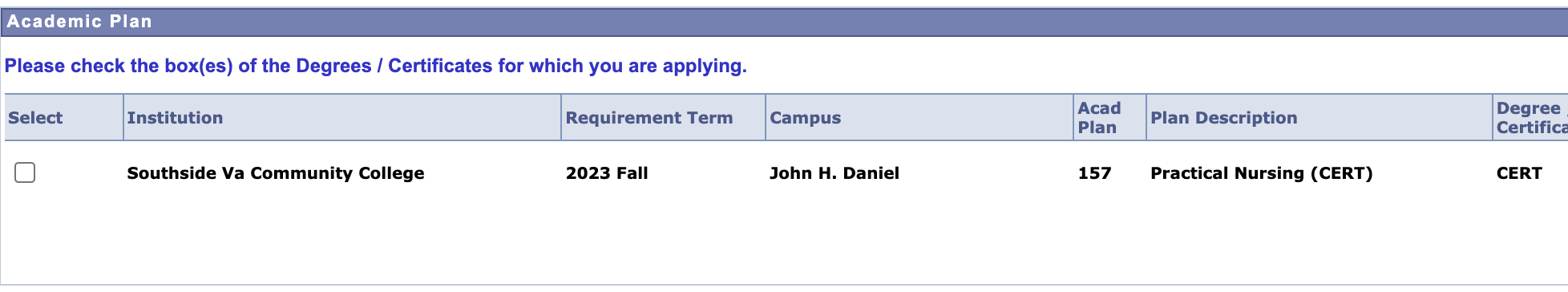 Screenshot Academic PLan select SVCC