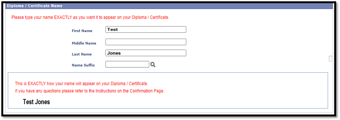 Screenshot Diploma Certificate Name form