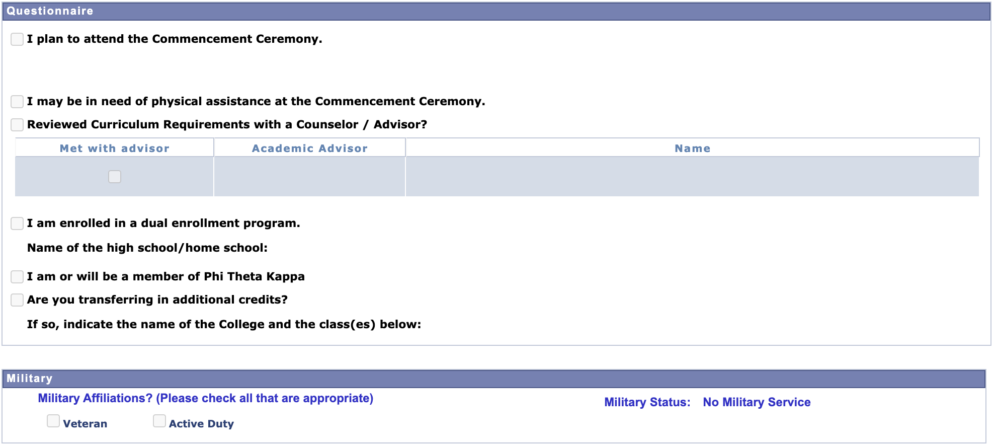 Screenshot questionnaire additional info