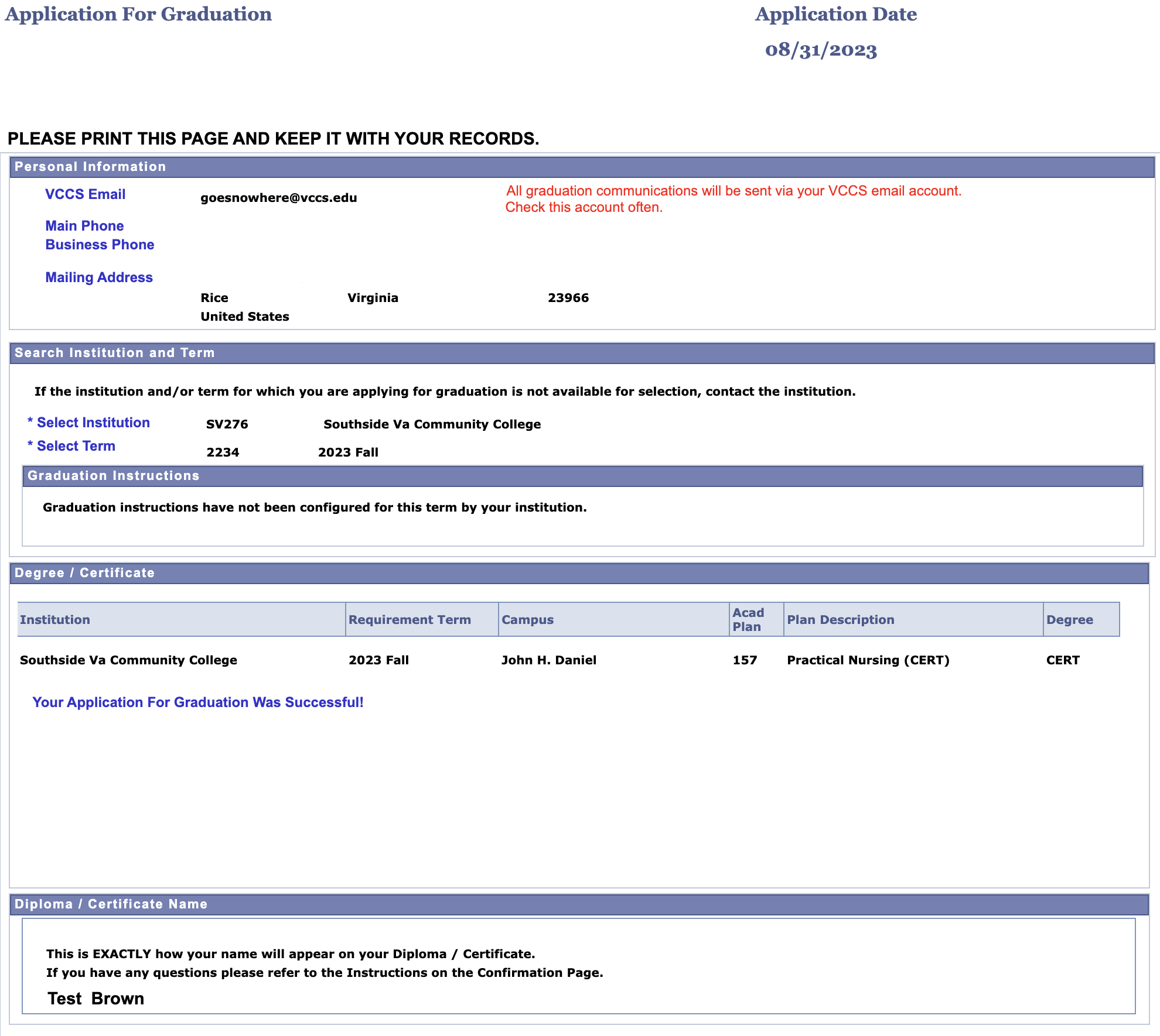 Screenshot of sample confirmation page